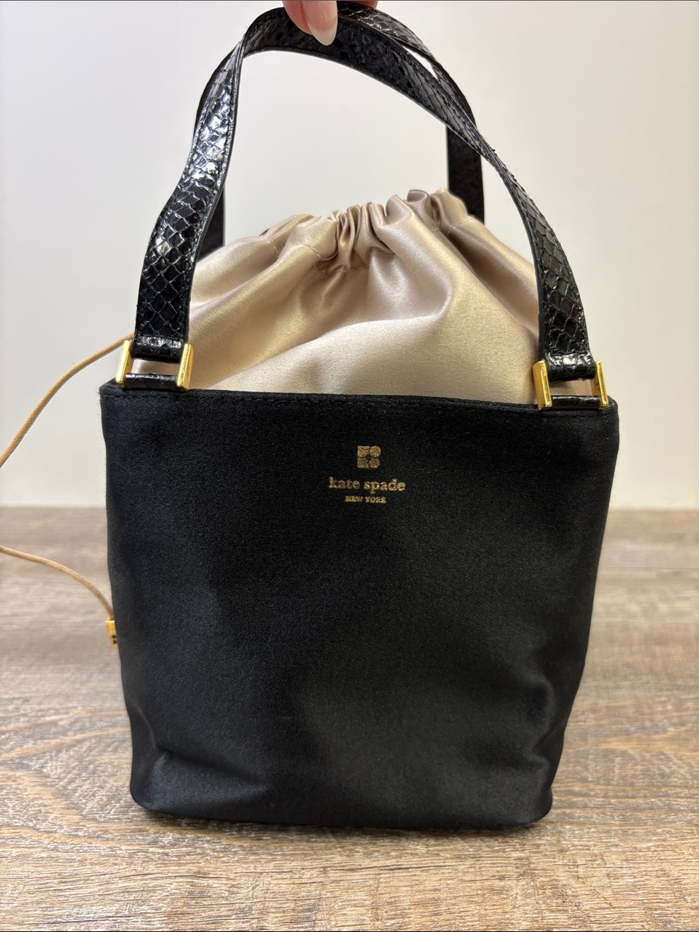 Kate Spade New York Satin Drawstring Mini Bucket Bag Black & Champagne Gold